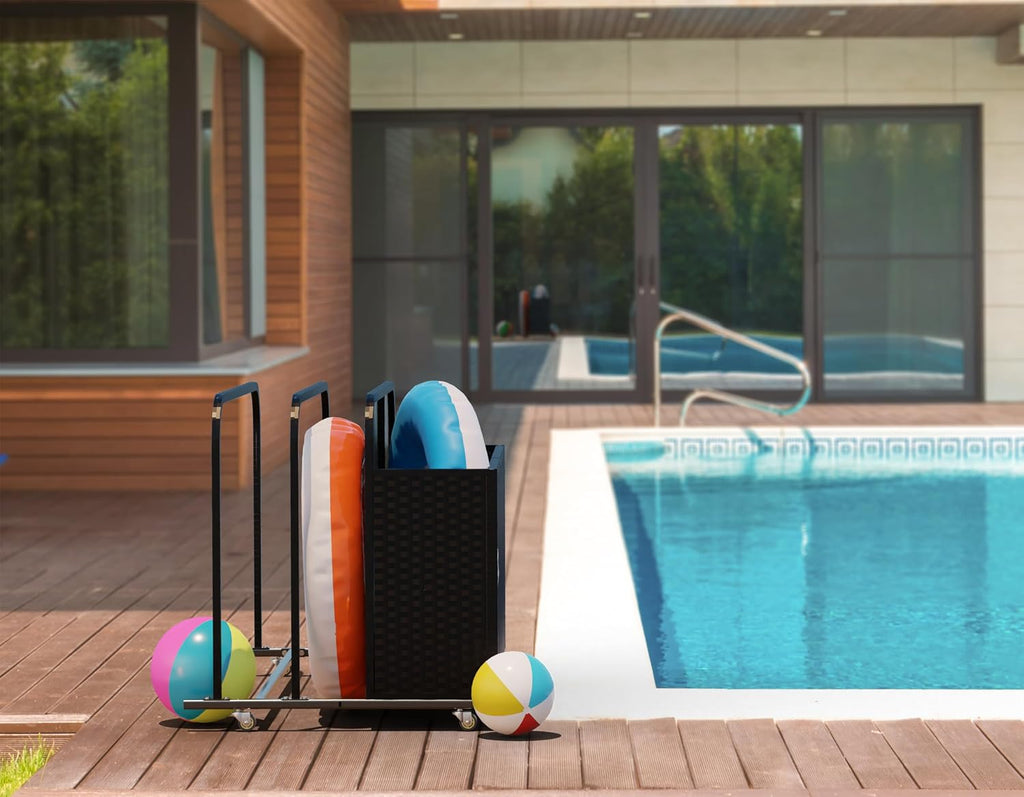 EUNHOO Rolling Poolside Float Storage, Pool Storage Bin, Outdoor Storage Organizer PE Rattan Pool Towel Rack for Floaties, Pool Accessories and Patio furniture Black
