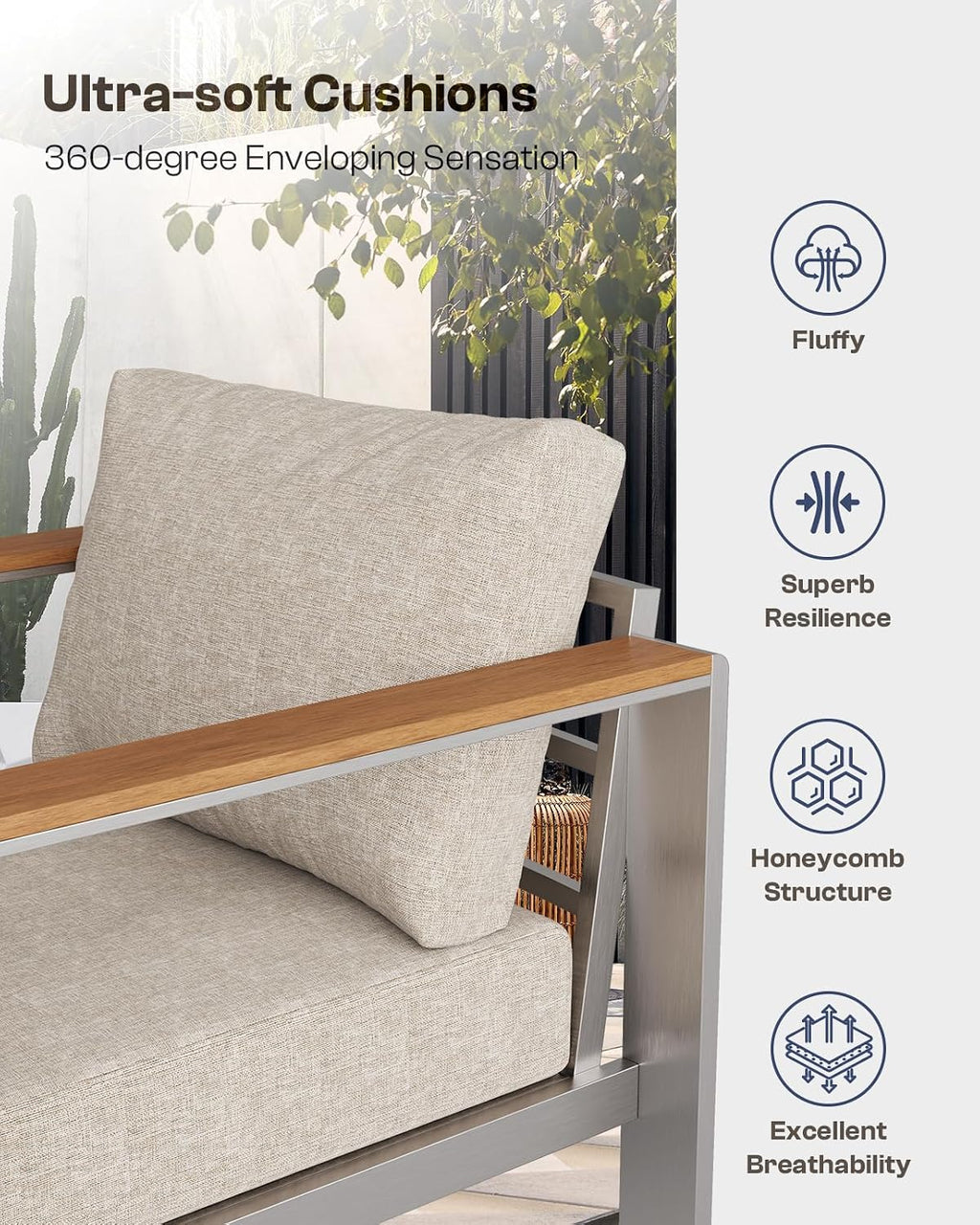 Aluminum Outdoor Patio Furniture Loveseat, All-Weather Outdoor Patio Sofa with Washable Thick Cushion, Patio Sofa Couch for Porch, Balcony, Deck, Yard, Silver