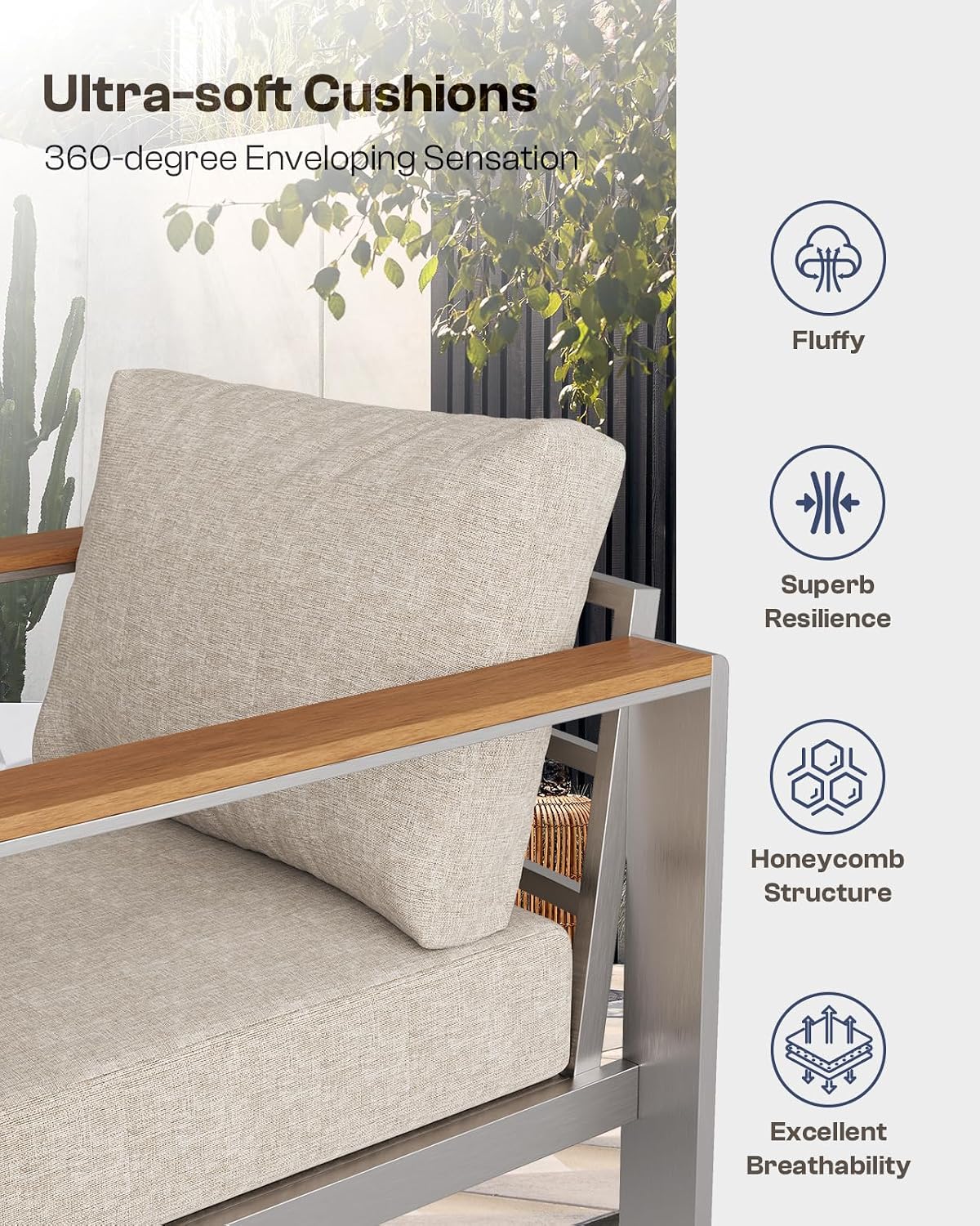 Aluminum Outdoor Patio Furniture Loveseat, All-Weather Outdoor Patio Sofa with Washable Thick Cushion, Patio Sofa Couch for Porch, Balcony, Deck, Yard, Silver