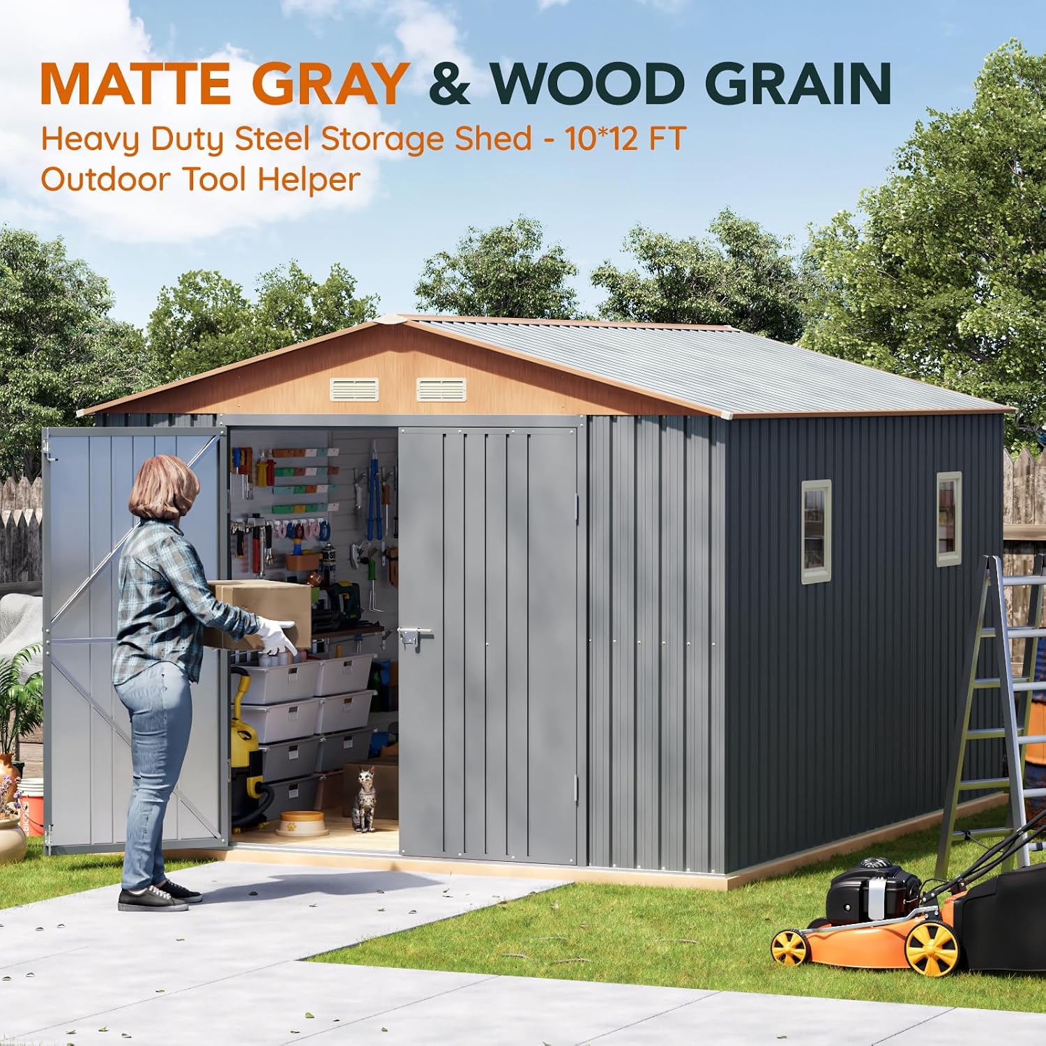Verdeluxe 10x12x7.4FT Multi-Used Shed & Outdoor Storage Shed with Base, Lockable Doors, Windows and Vents, Extra Large Metal Shed for Garden,Backyard, Patio,Utility, Various Storage Shed(Matte Gray)