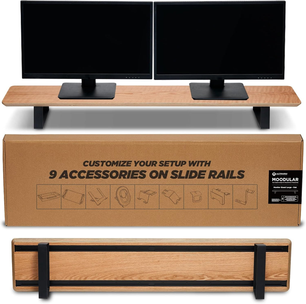 ULTRARM Moodular Wooden Monitor Stand 45.6' (116cm) Large Desk Organizer with Metal Slide Rails for Drawer, Tray, Laptop, Tablet, Phone & Headphones Customizable Riser for Organized Workspace Oak