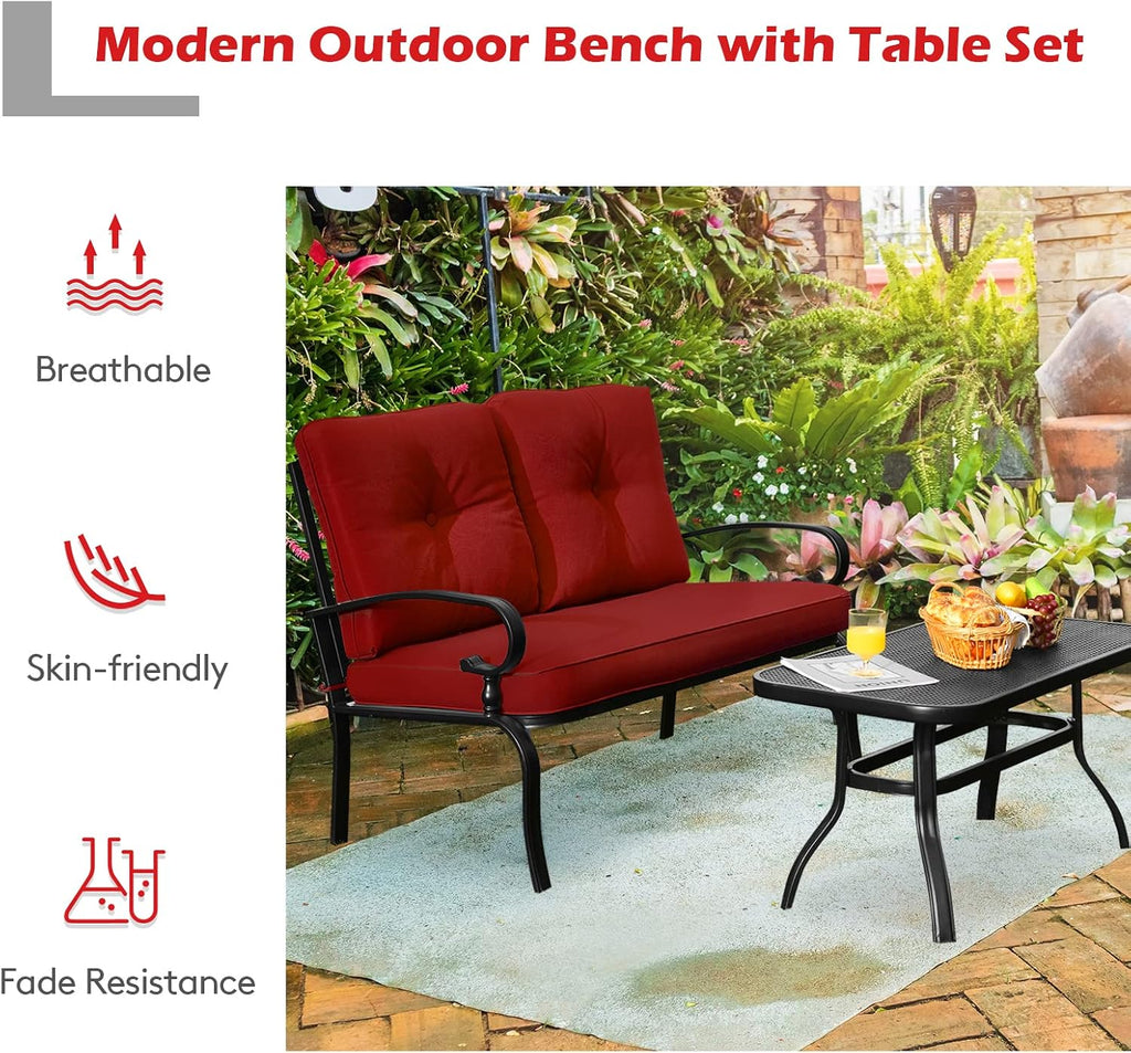 Giantex Patio Loveseat with Coffee Table Outdoor Bench with Cushion and Metal Frame, Loveseat Porch Furniture Set Sofa for Garden, Yard, Patio or Poolside (Deep Red & Black)