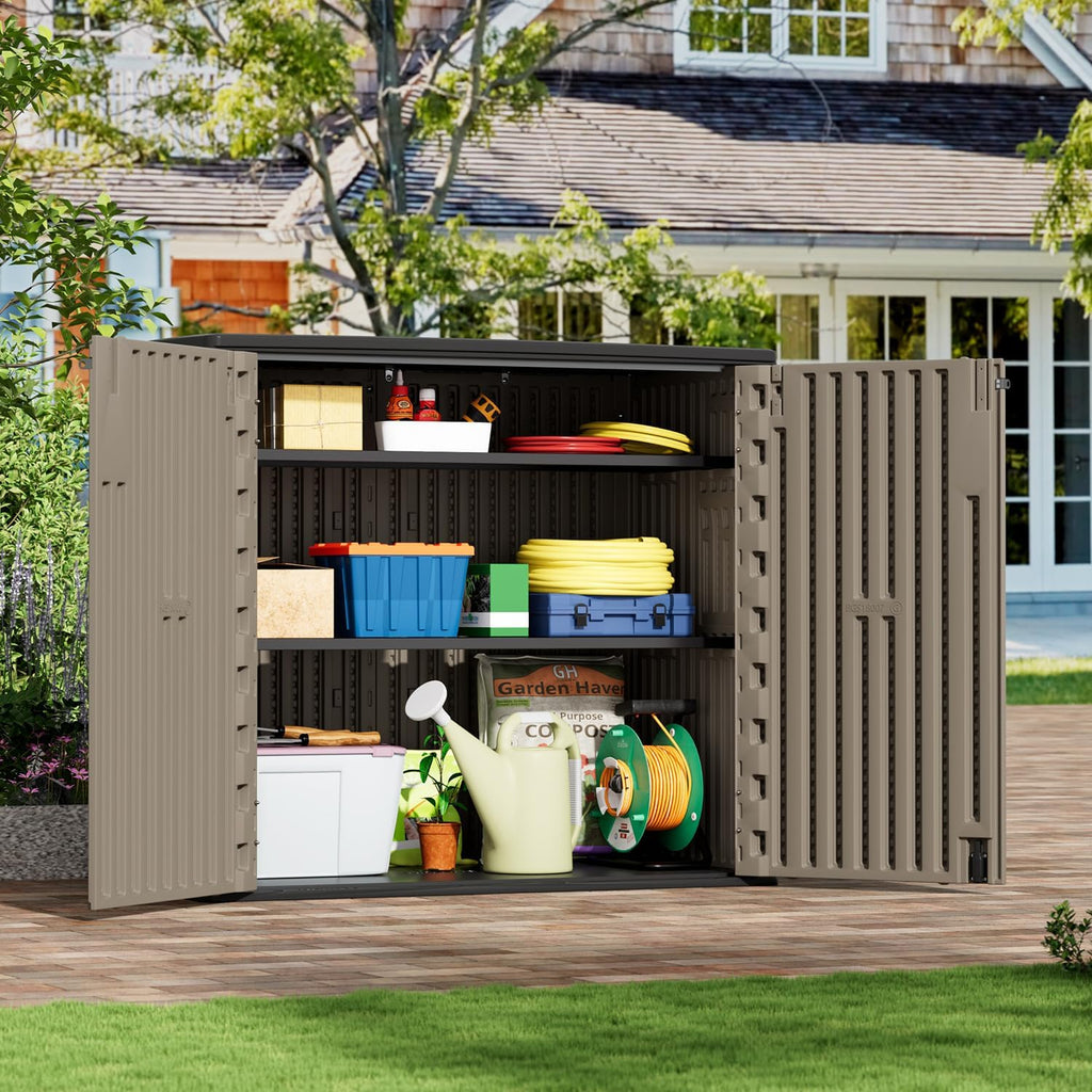 HOMSPARK Outdoor Storage Shed 37 Cu.Ft, All-Weather Resistant Resin Garden Sheds & Outdoor Storage Clearance with Floor, Double-Layer Plastic Tool Sheds for Patio, Garden & Lawn (Shallow Brown)