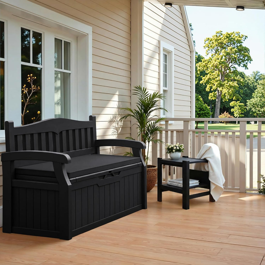 Flamaker 80 Gallon Storage Bench with Cushions Outdoor Indoor, Durable All-Weather Seating with Hidden Storage, Lockable Deck Box for Garden, Patio, Poolside (Black)