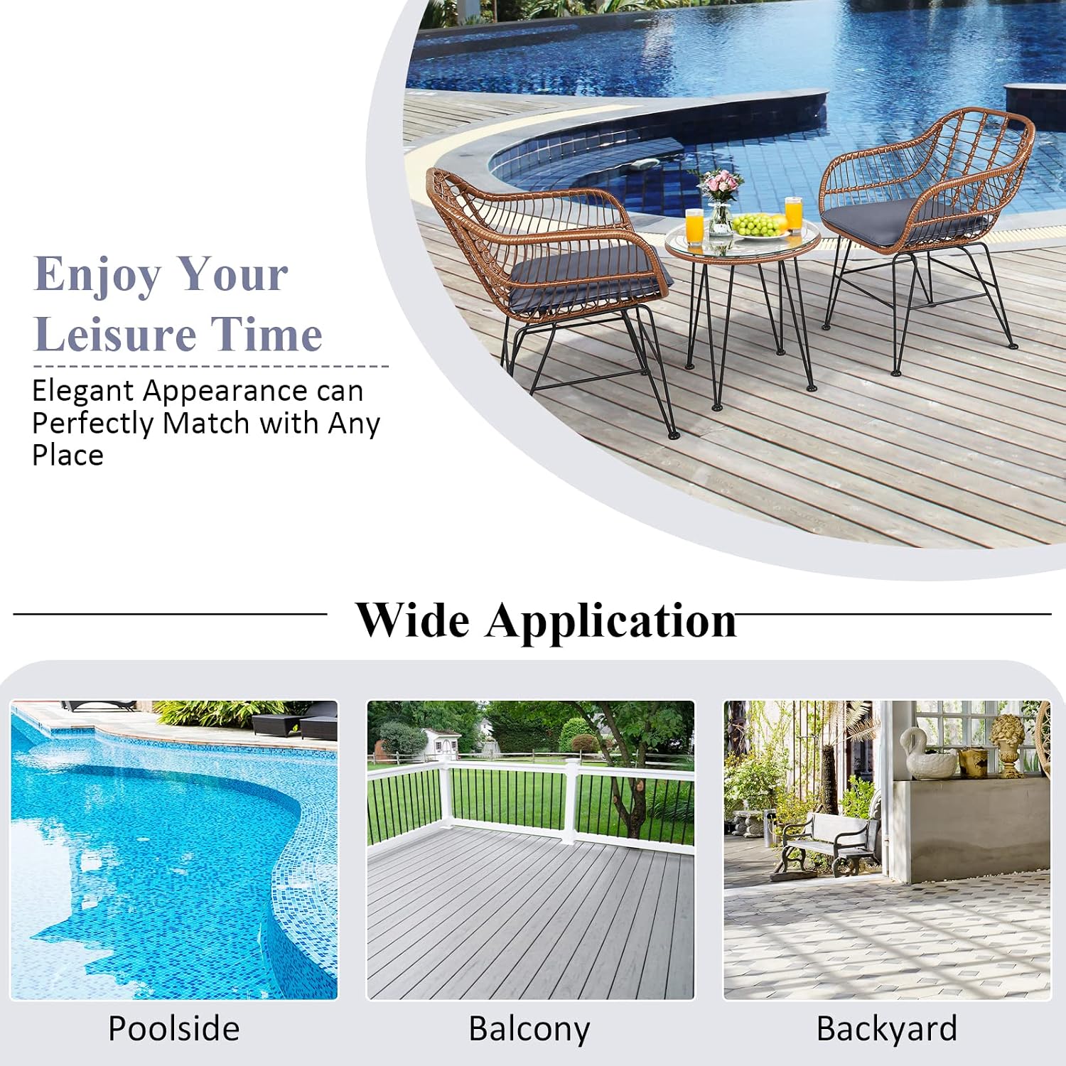 COSTWAY 3 Pieces Patio Bistro Set, Outdoor Rattan Conversation Seating Chair Set with Coffee Table & Soft Cushions, Indoor Wicker Furniture Set for Garden, Balcony, Porch, Pool, Gray