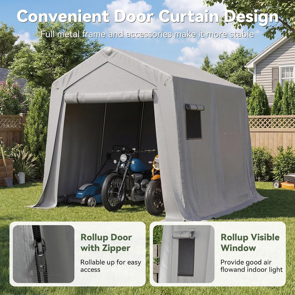 Aoxun 10x10 FT Outdoor Portable Storage Shed Tent with Roll-up Zipper Door and Window Portable Carport with Waterproof Tarp Galvanized Steel for Motorcycle, Generator, Bike Storage (Gray)