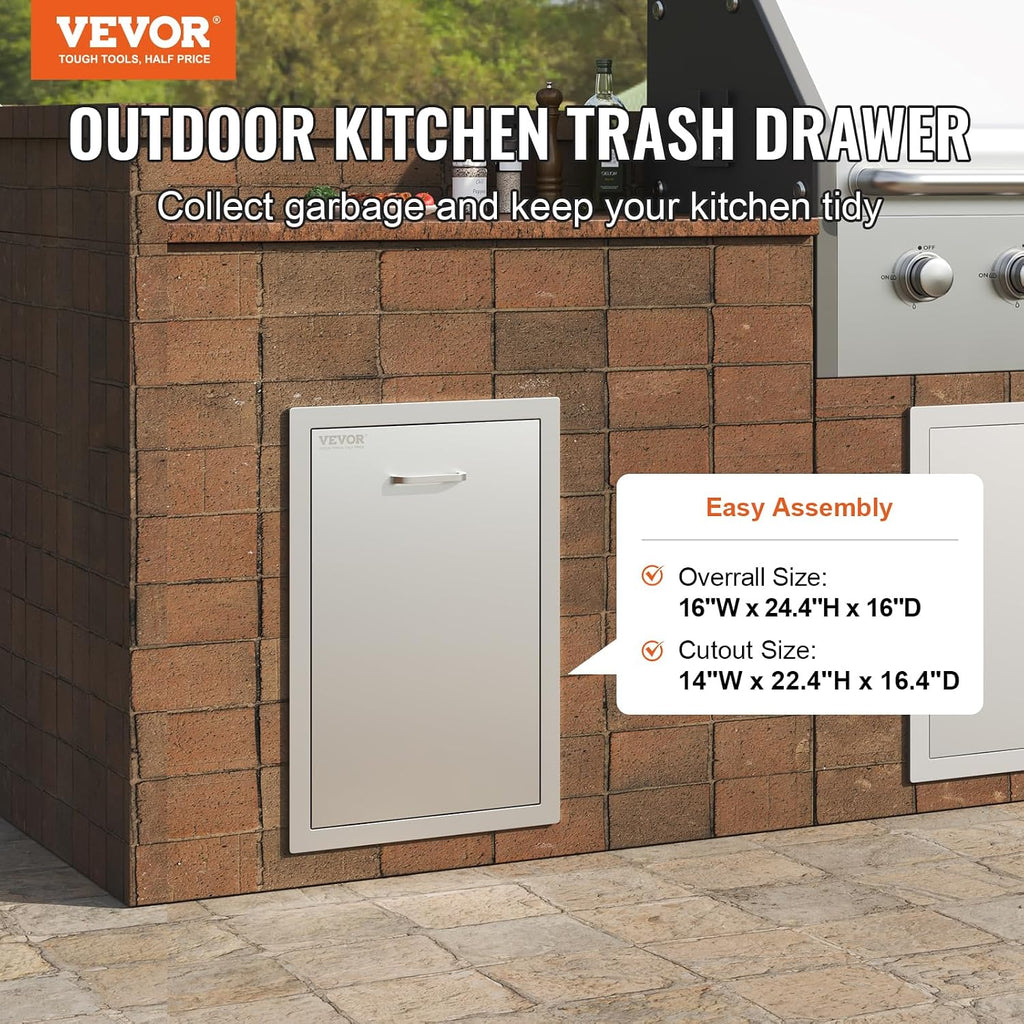 VEVOR Outdoor Kitchen Trash Drawer 16Wx22Hx16'D, Propane Tank Drawer, Stainless Steel Pull Out Trash with Handle, Outdoor Kitchen Cabinets Can Pull Out, BBQ Island Bin, Outside Trash Can Drawer