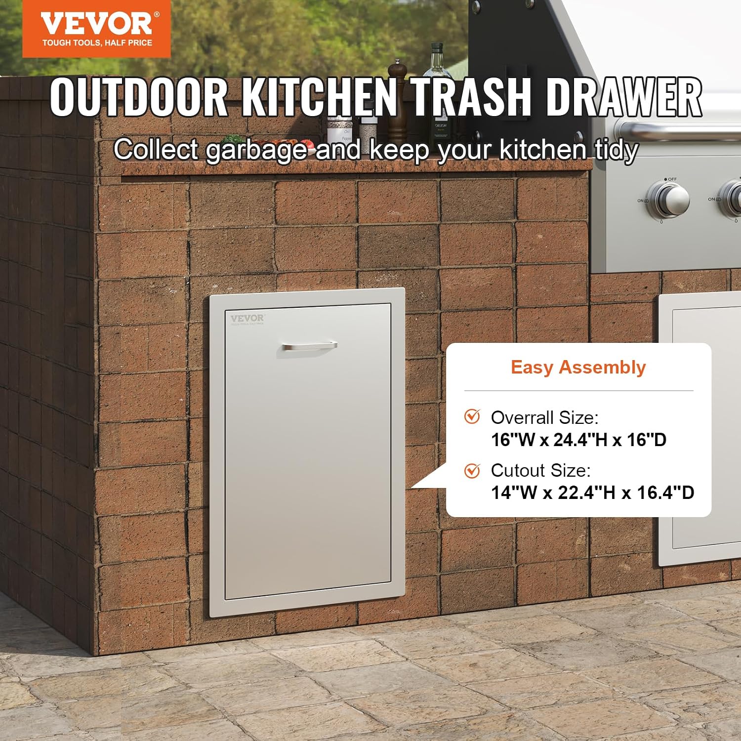 VEVOR Outdoor Kitchen Trash Drawer 16Wx22Hx16'D, Propane Tank Drawer, Stainless Steel Pull Out Trash with Handle, Outdoor Kitchen Cabinets Can Pull Out, BBQ Island Bin, Outside Trash Can Drawer