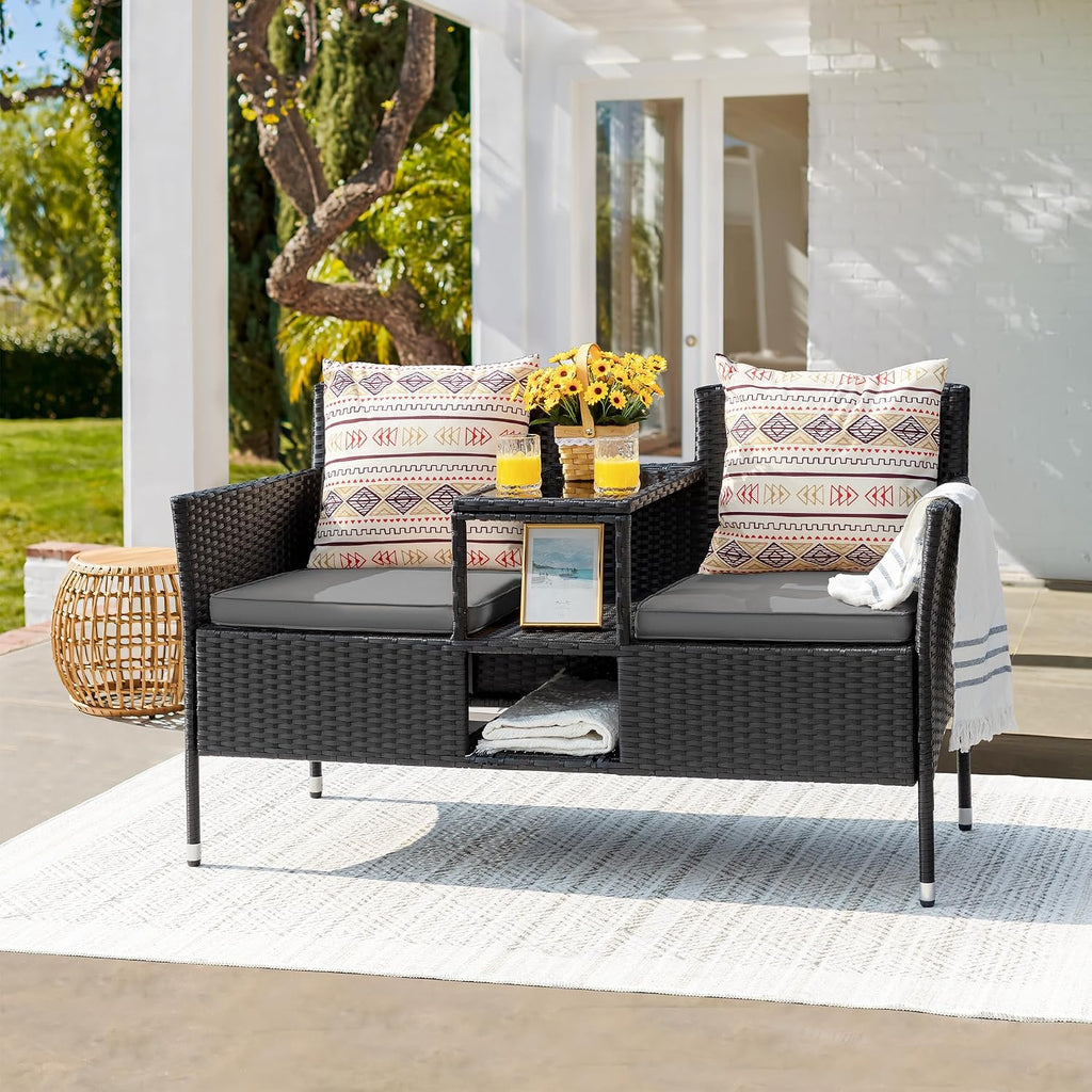Devoko Outdoor Patio Loveseat Modern Rattan 2-Seat Patio Conversation Set with Cushions & Built-in Coffee Table Porch Furniture for Garden Lawn Backyard (Grey)
