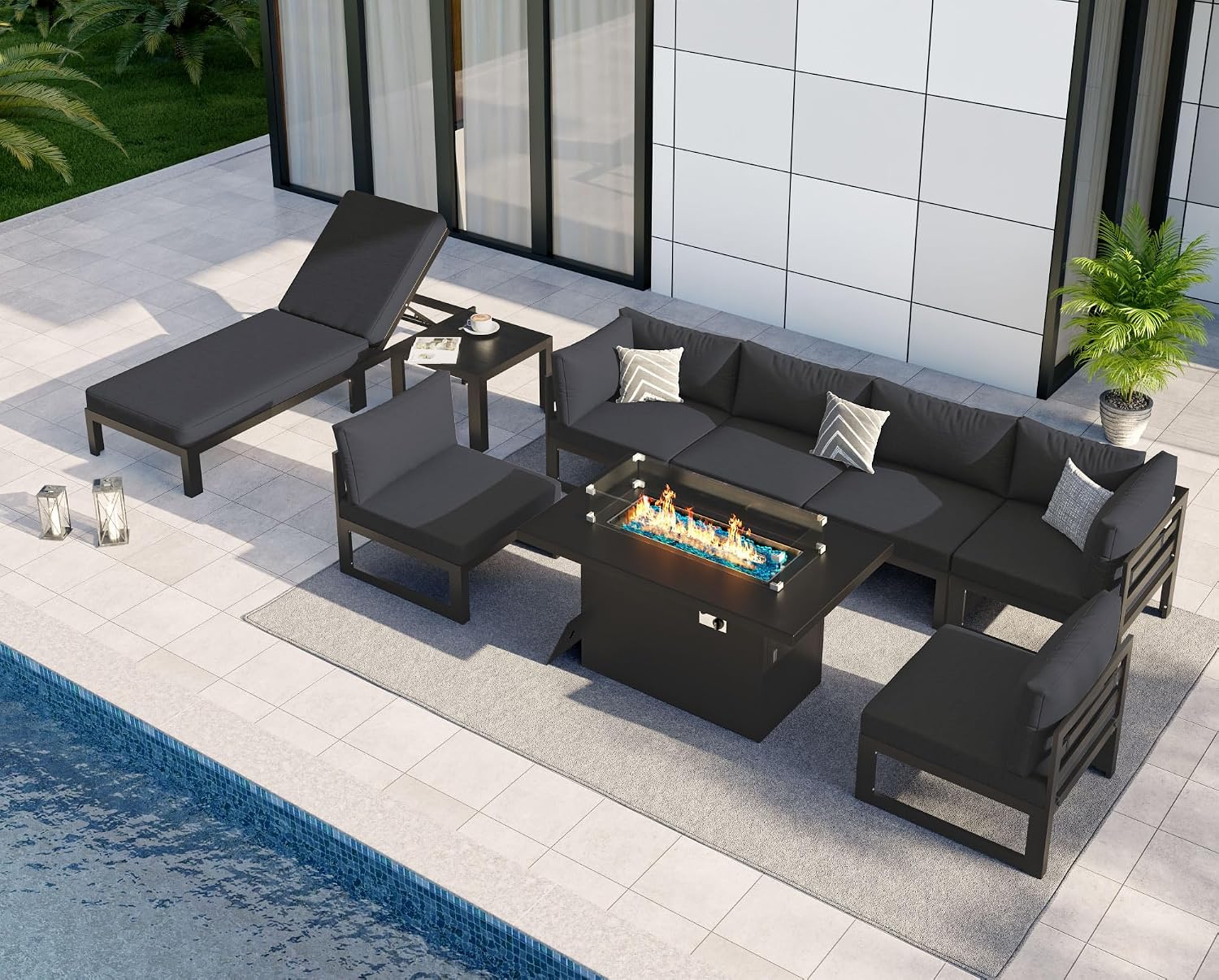 NICESOUL 9 Piece Luxury Aluminum Outdoor Sectional Sofa with Chaise Lounge & Firepit, Large Modular Patio Furniture Set, 29' Deep Wide Seating, 500 lbs Heavy Duty Conversation Set for Deck, Dark Gray