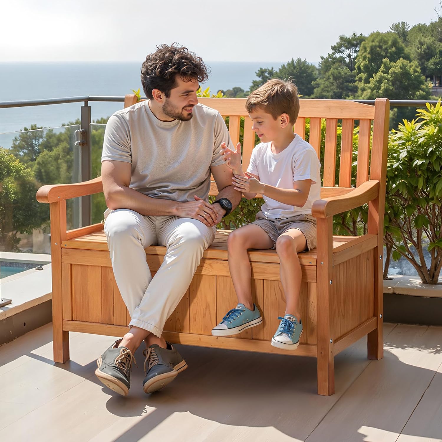 VEVOR Outdoor Storage Bench, 2-Person Wooden Storage Bench, 33 Gallons Deck Box with Side Handle, Supports up to 705 lbs, Outdoor Seating & Porch Decor, for Patio Garden Balcony Yard
