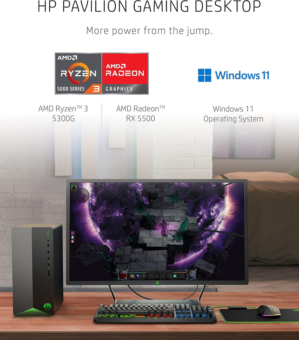 HP Pavilion Gaming Desktop, AMD Radeon RX 5500, AMD Ryzen 3 5300G Processor, 8 GB RAM, 512 GB SSD, Windows 11 Home, 9 USB Ports, Keyboard and Mouse Combo, Pre-Built PC Tower (TG01-2022, 2022)