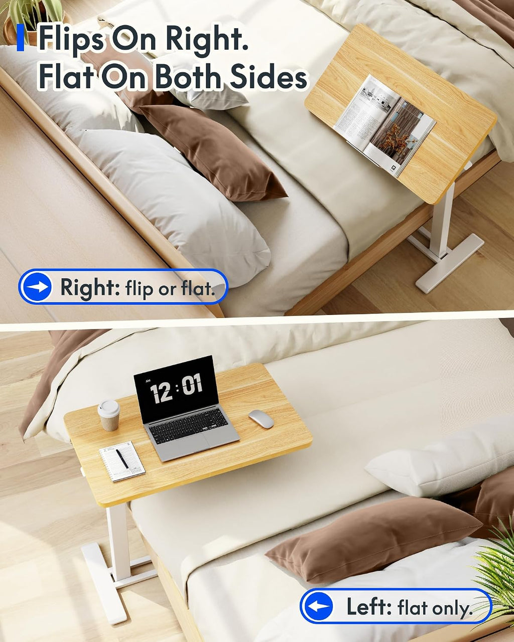 FLEXISPOT H7 PRO Mobile Standing Desk Adjustable Overbed Table Pneumatic with Wheels 55°Tiltable Portable Laptop Desk Rolling Computer Cart Foldable Bedside Table(27.6' W x 15.7' D, Maple)