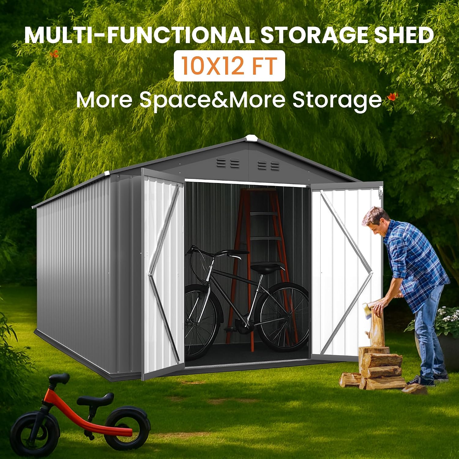 10x12 FT Metal Storage Shed Updated Frame Structure Outdoor Storage Shed Large with Double Lockable Doors, Steel Anti-Corrosion Tool Sheds Waterproof for Backyard, Pool, Patio, Light Gray