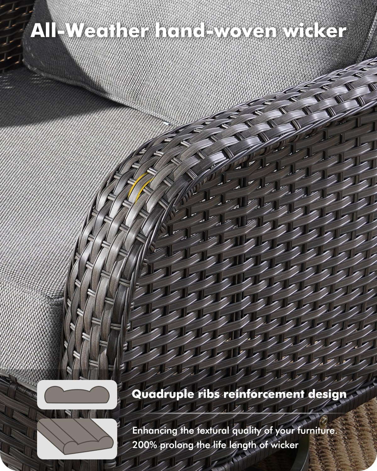 CAODOC 3-Piece Swivel Rocking Rattan Chair Outdoor, Patio Bistro Furniture Conversation Set, Wicker Chair with Coffee Table Dark Gray