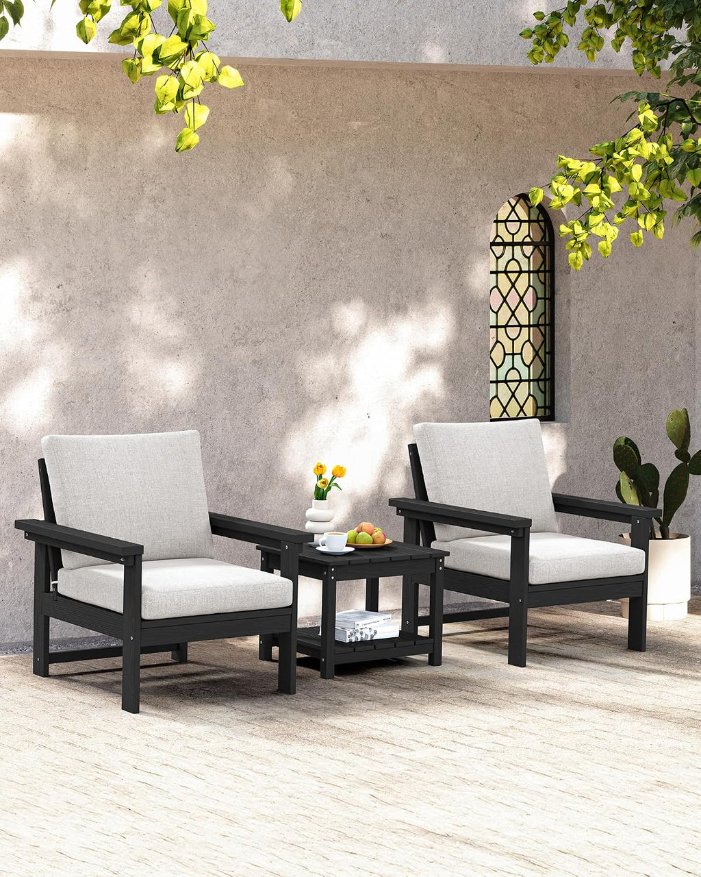 SERWALL HDPE Patio Sofa Set, 3-piece Sectional Outdoor Furniture Set, All Weather Outdoor Couch Set Patio Furniture Set for Deck, Lawn, Black Frame with Khaki Cushion