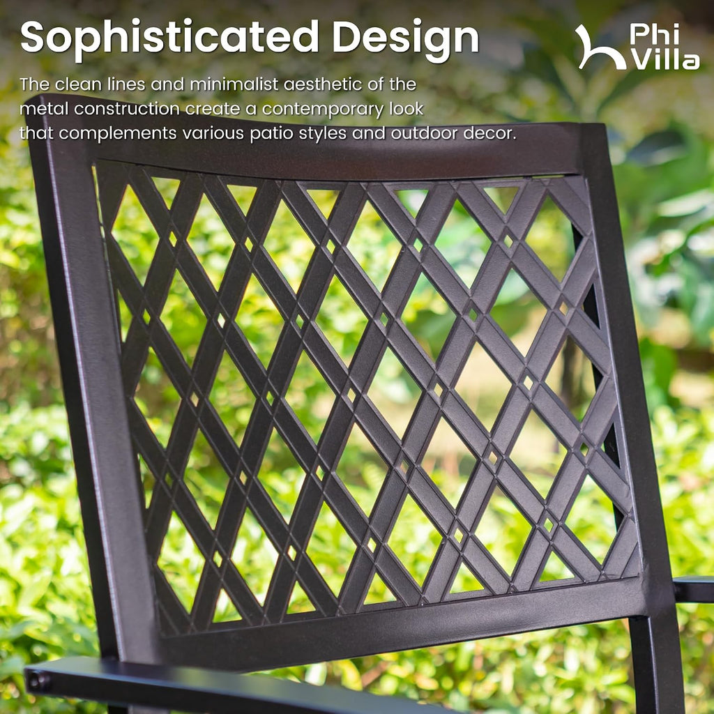 PHI VILLA 7 Pieces Outdoor Dining Set for 6, 60' Rectangular Metal Table with Umbrella Hole & Stackable Black Wrought Iron Chairs, Large Outside Furniture for Patio, Deck, Backyard, Porch