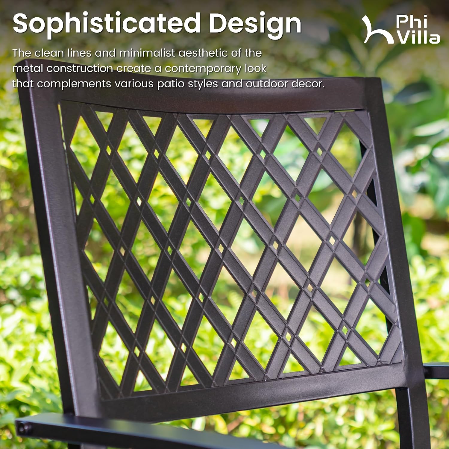 PHI VILLA 7 Pieces Outdoor Dining Set for 6, 60' Rectangular Metal Table with Umbrella Hole & Stackable Black Wrought Iron Chairs, Large Outside Furniture for Patio, Deck, Backyard, Porch