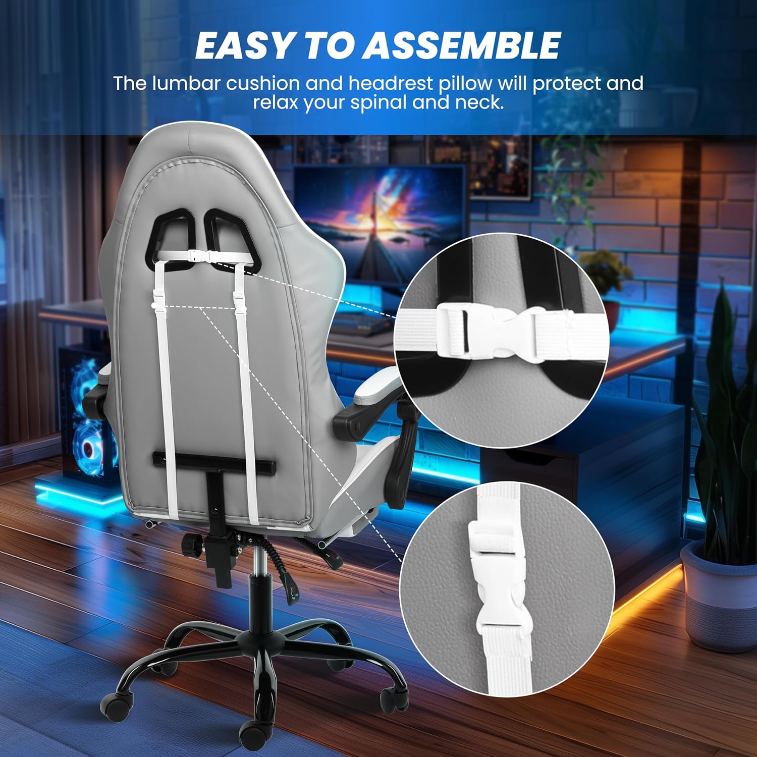 YSSOA Gaming Chair, Computer Chair with Footrest, Height Adjustable & 90°-135° Tilt Function, Swivel Recliner Ergonomic Racing Style Video Game Chair with Lumbar Support (Grey/White)