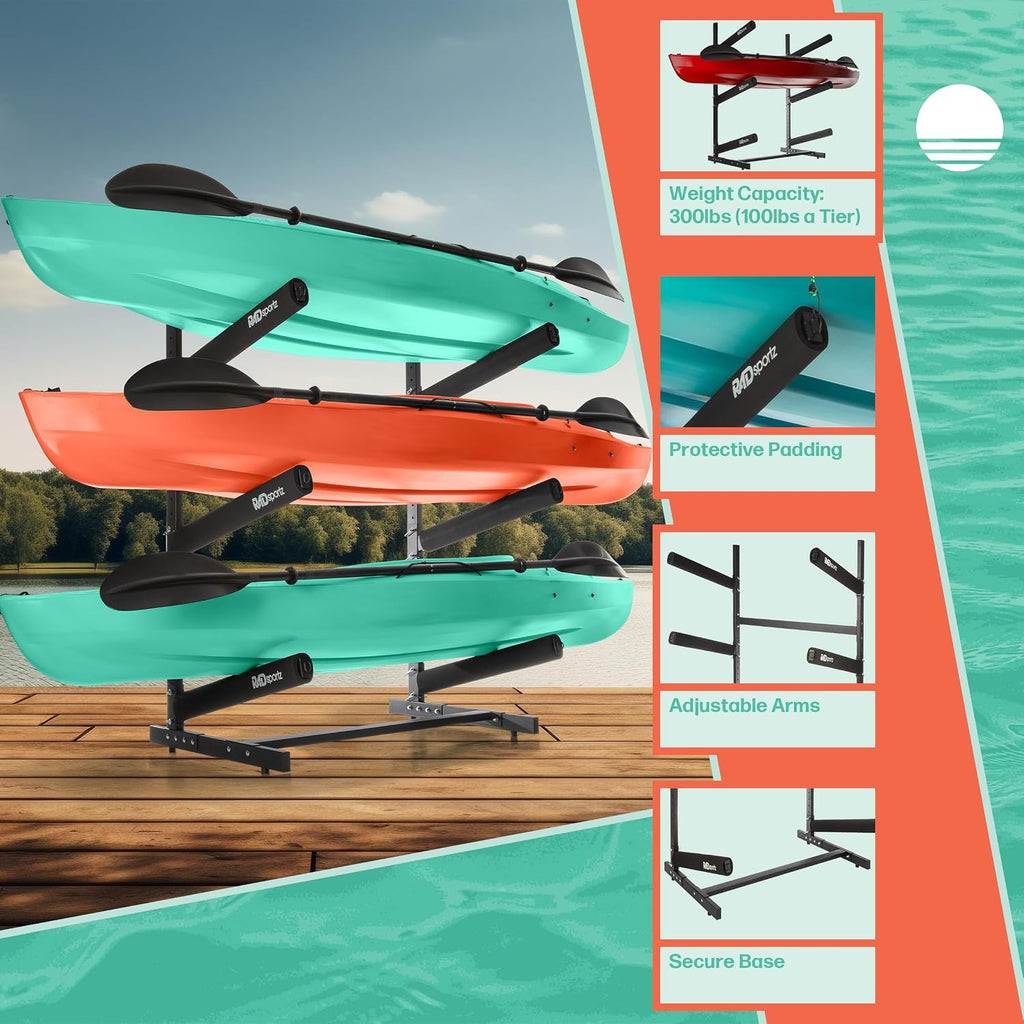 RAD Sportz Freestanding Kayak Storage Rack – Heavy Duty Adjustable Multi-Level Stand with Padded Arms for Kayaks, Canoes & Paddleboards (2, 3 or 4 Tier, Indoor/Outdoor Garage Organizer)