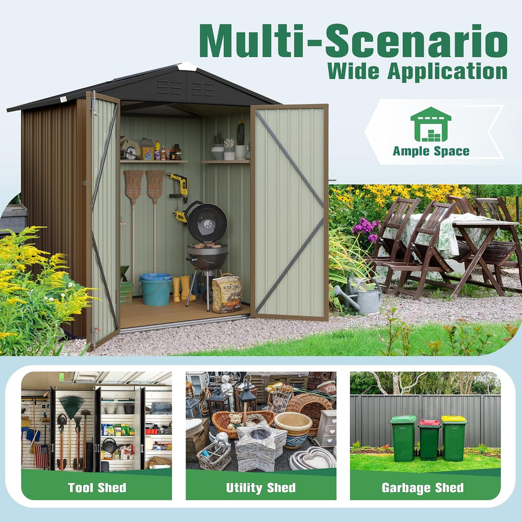 Flamaker 6x4 FT Storage Shed Waterproof Metal Garden Shed with Lockable Door Utility Tool Shed Outdoor Storage for Backyard, Patio and Lawn, Brown
