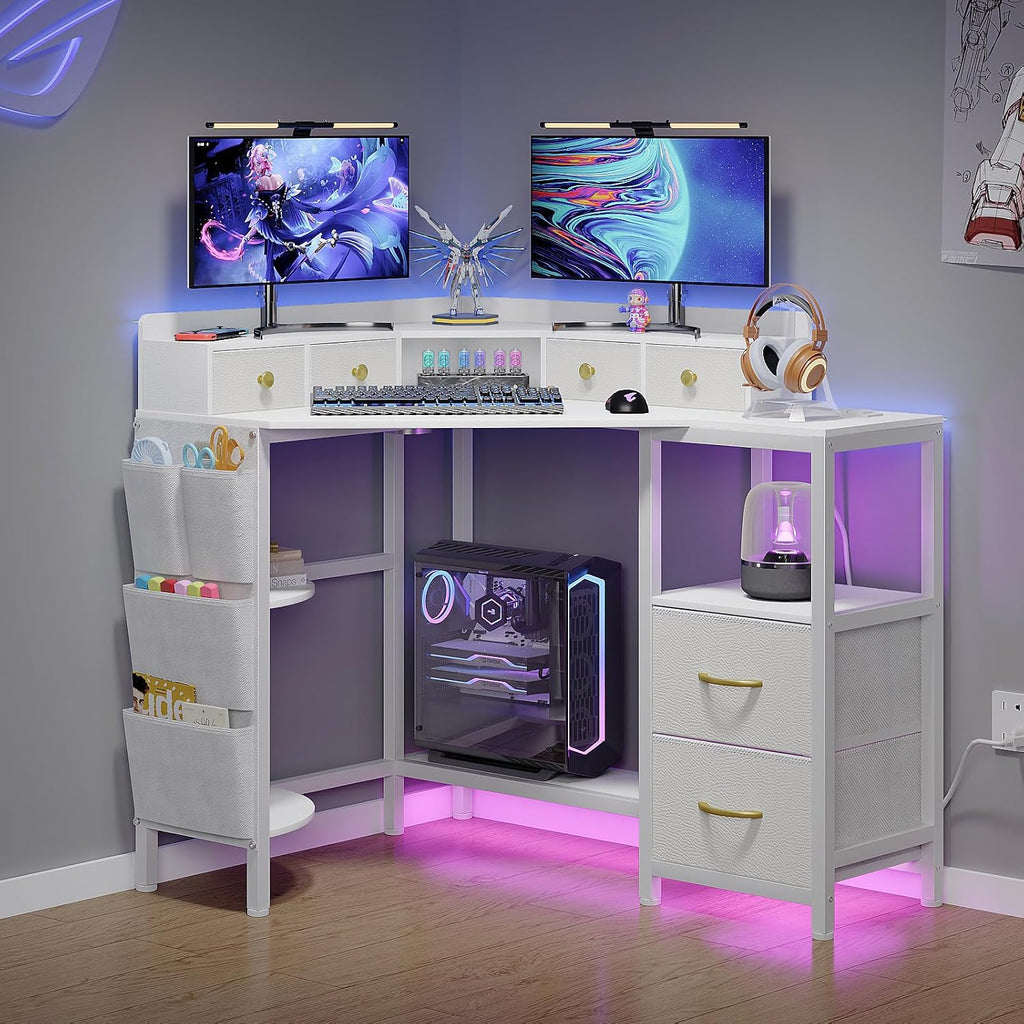 VENNQD Corner Desk with 6 Drawers Shelves for Small Space Computer Desk with Power Outlets,Gaming Desk with Printer Monitor Stand Storage for Home Office Workstation Writing Table (White, 31.5)