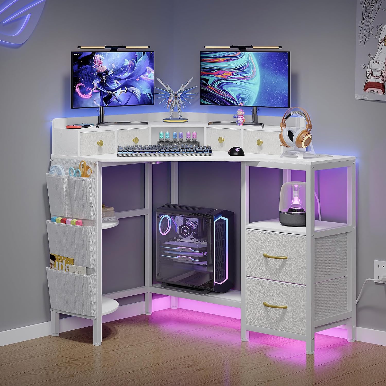 VENNQD Corner Desk with 6 Drawers Shelves for Small Space Computer Desk with Power Outlets,Gaming Desk with Printer Monitor Stand Storage for Home Office Workstation Writing Table (White, 31.5)