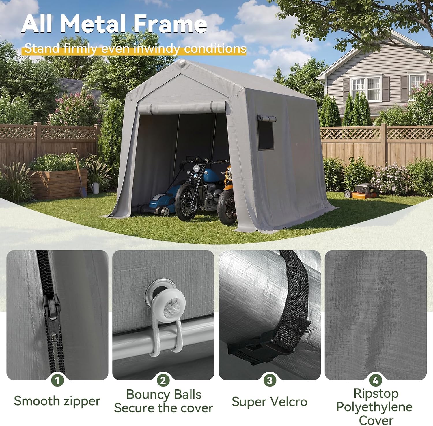 Aoxun 10x10 FT Outdoor Portable Storage Shed Tent with Roll-up Zipper Door and Window Portable Carport with Waterproof Tarp Galvanized Steel for Motorcycle, Generator, Bike Storage (Gray)
