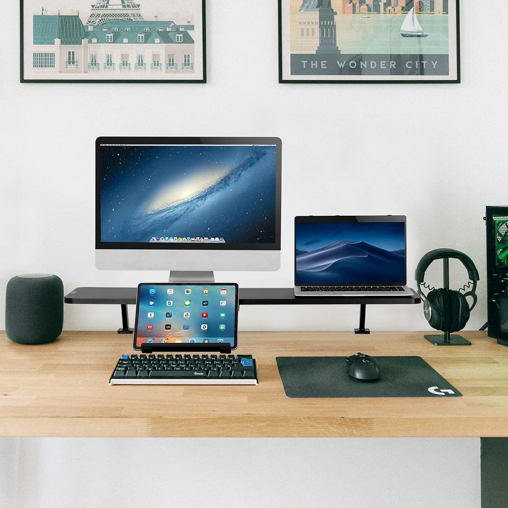 AVLT Clamp Desk Shelf Dual 32' Monitor Clamp-On Monitor Riser With Slide Out Holder For Convertible Laptop Tablet Smartphone (Black) - Floating Monitor Stand (Shelf Only)