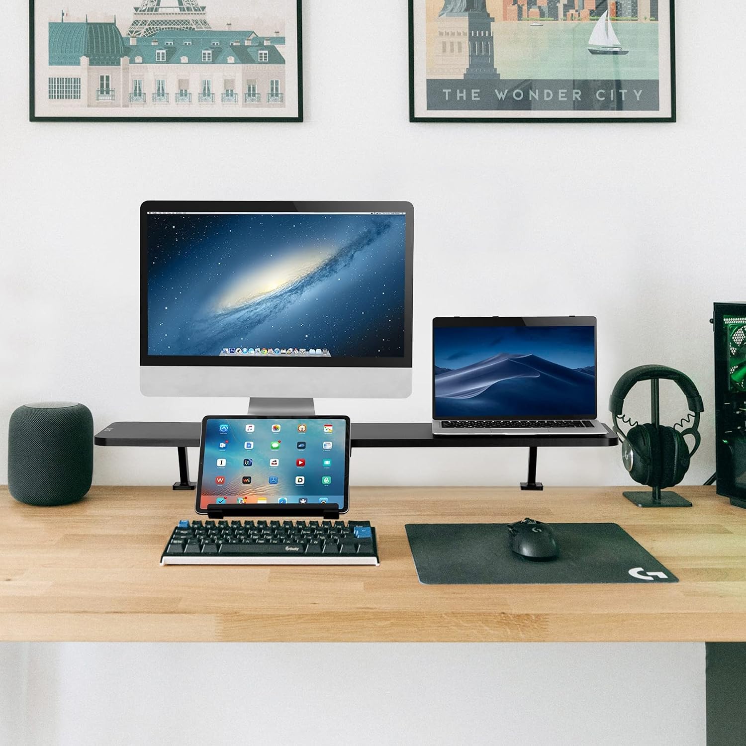 AVLT Clamp Desk Shelf Dual 32' Monitor Clamp-On Monitor Riser With Slide Out Holder For Convertible Laptop Tablet Smartphone (Black) - Floating Monitor Stand (Shelf Only)
