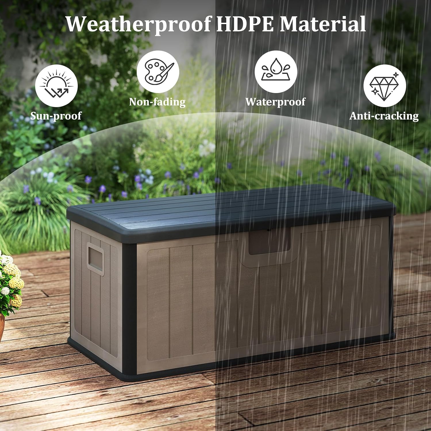 Tangkula 100 Gallon Outdoor Storage Box, Resin Outdoor Storage Bench with Lockable Lid, Waterproof Deck Box for Garden Tools, Pool Accessories, Cushions (100 Gallon,Black+Brown)
