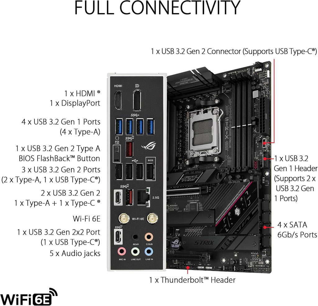 ASUS ROG Strix B650E-F Gaming WiFi AMD B650 AM5 Ryzen™ Desktop 9000 8000 & 7000 ATX Motherboard, 12+2 Power Stages, DDR5, 3X M.2 Slot, PCIe® 5.0, WiFi 6E, 2.5G LAN, USB 3.2 Gen 2x2 Type-C®, Aura Sync
