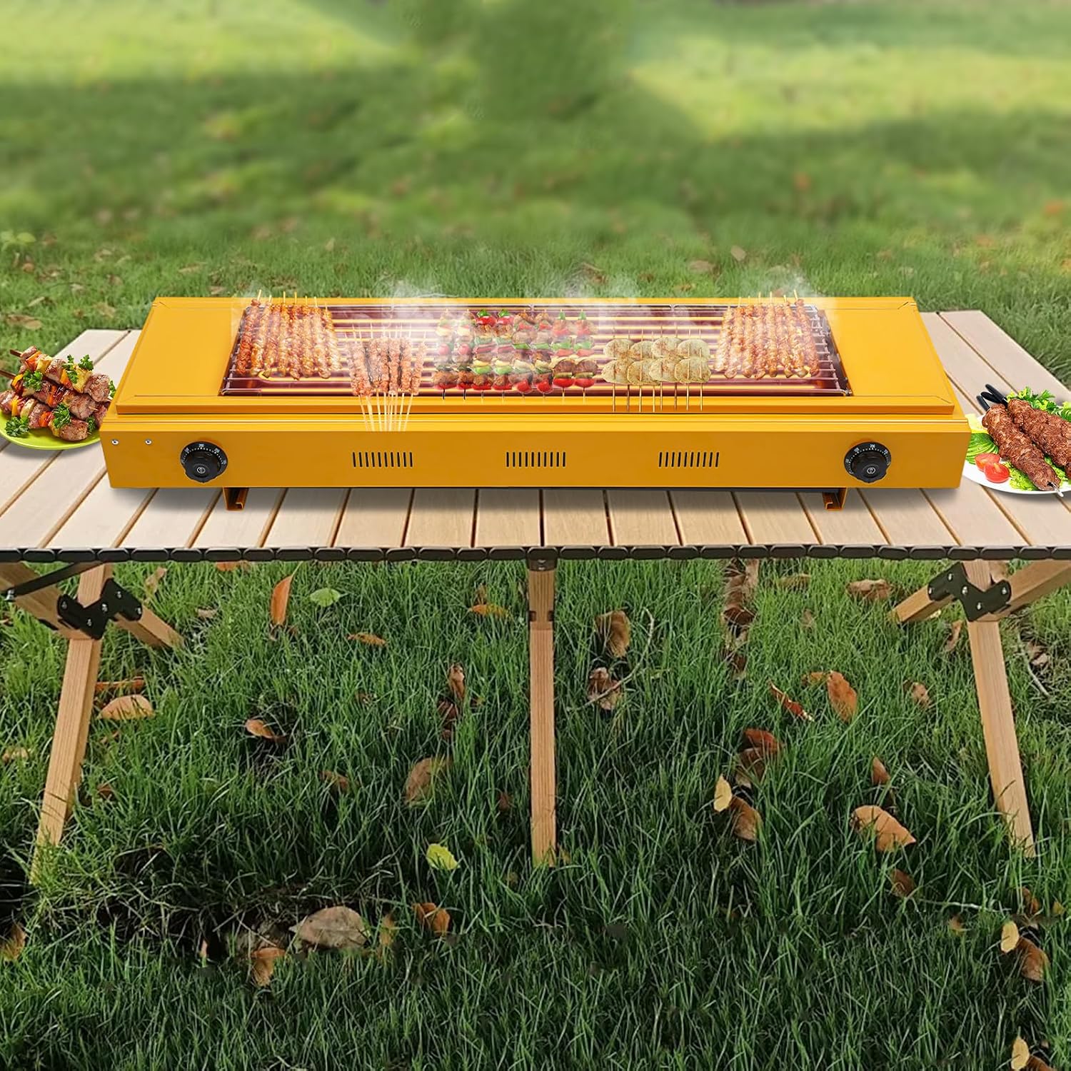 Double head Temperature Controlled Electric Grill, Adjustable Temperature Control to 572℉, Portable Outdoor Barbecue Grill, Household And Commercial Electric Skewer Grill Yellow