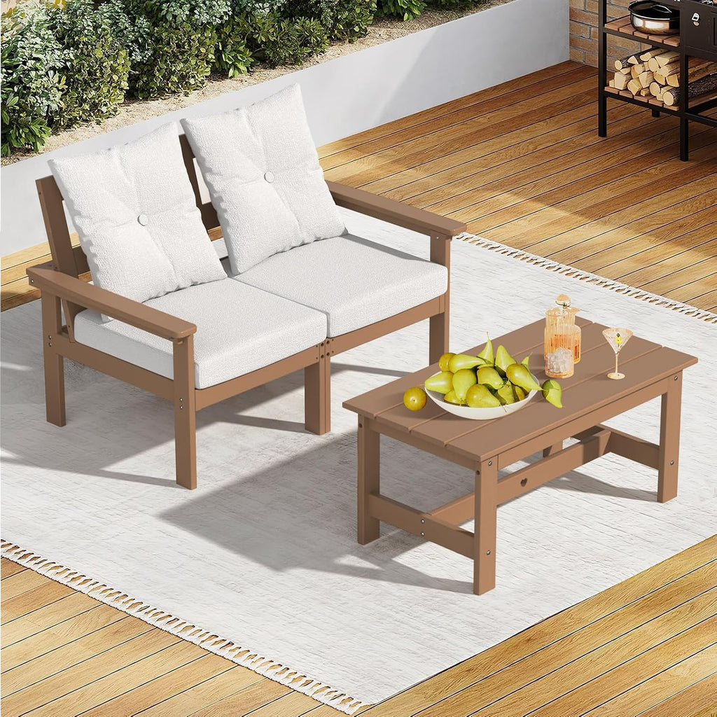 3 Piece Patio Furniture Set, HDPE Wood Grain Outdoor Loveseat and Coffee Table, Patio Conversation Set with Cushions for Porch, Lawn, Garden (Teak