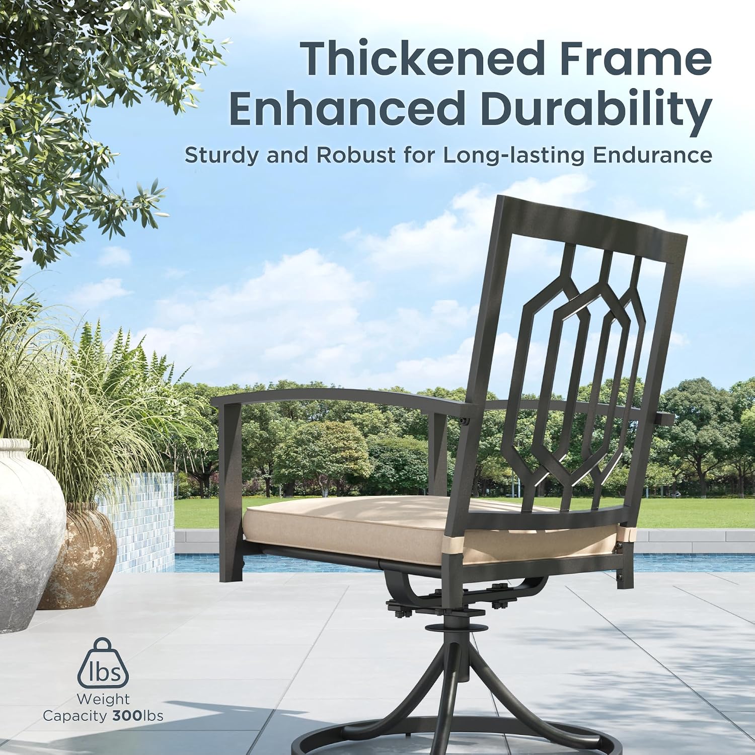 PHI VILLA Outdoor Metal Swivel Chairs Set of 2 Patio Dining Rocker Chair with Cushion Furniture Set for Garden Backyard Bistro, Black