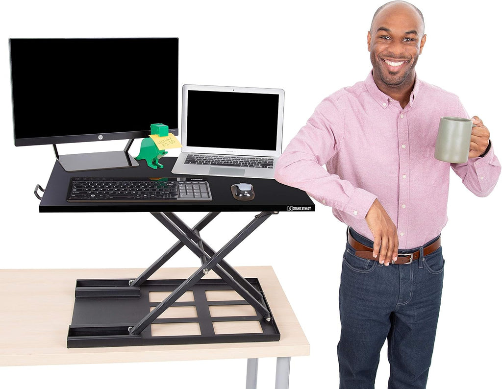 Stand Steady X-Elite Pro, Ergonomic Adjustable Height Standing Desk Converter for Home or Office, Easy Lift Sit to Stand Laptop Desk Riser for Laptop and Computer Monitor (Black, 28in x 20in)