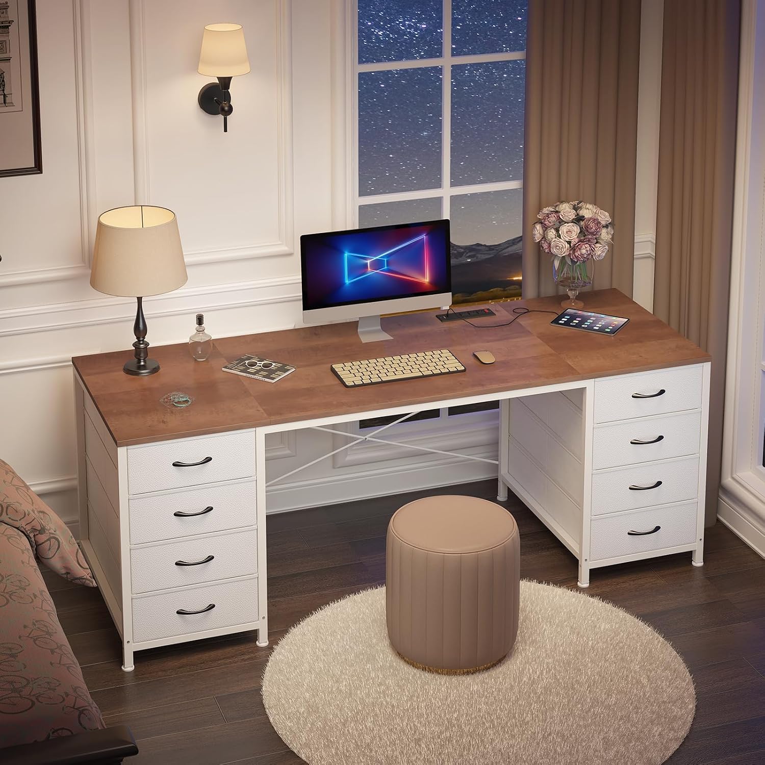 YOMILUVE 60 Inch Computer Desk with 8 Drawers, Home Office Desk with Power Outlets, Work Study Gaming Desk with 8 Fabric Drawers, Brown and White