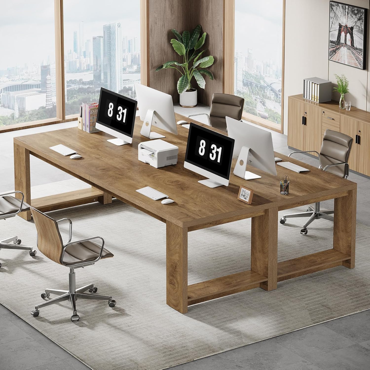 Tribesigns Two Person Desk, 86.6 Inches Extra Long Desk, Double Computer Writing Table, Wood Large Desks Workstation for Home Office, Natural Wood
