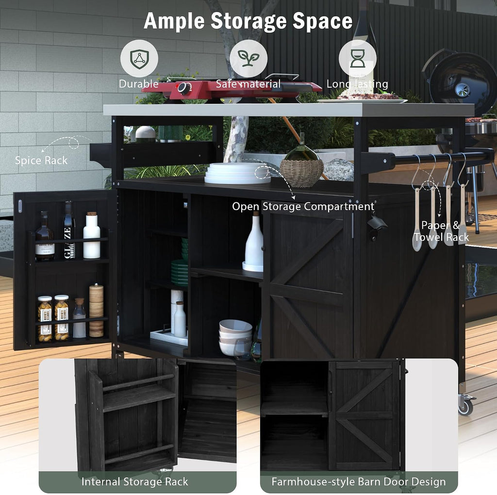 50.25' W Black Grill Cart with Stainless Steel Tabletop - Outdoor Storage Cabinet for BBQ, Bar Patio Kitchen Island with Ample Storage and Lockable Wheels