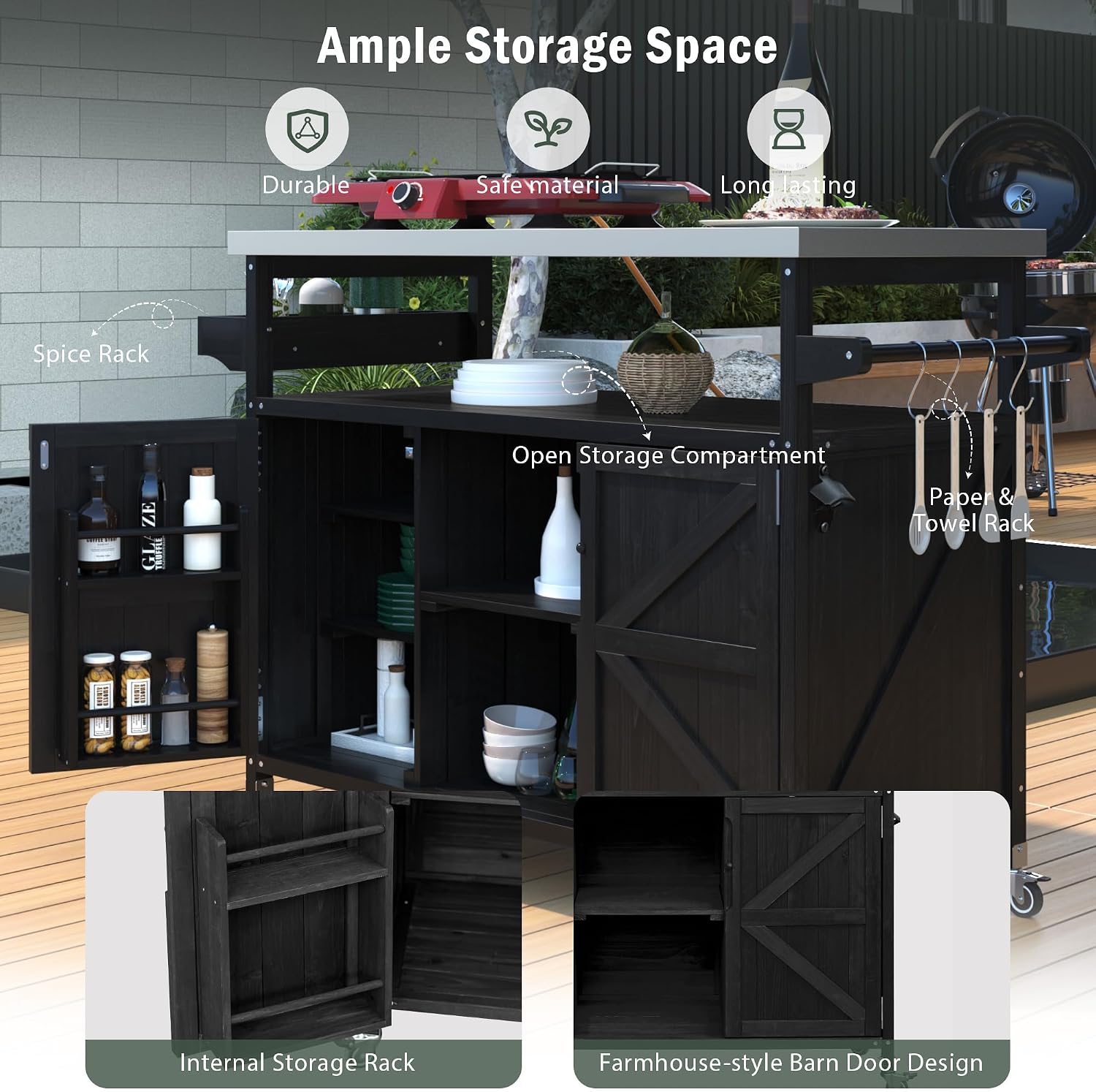 50.25' W Black Grill Cart with Stainless Steel Tabletop - Outdoor Storage Cabinet for BBQ, Bar Patio Kitchen Island with Ample Storage and Lockable Wheels