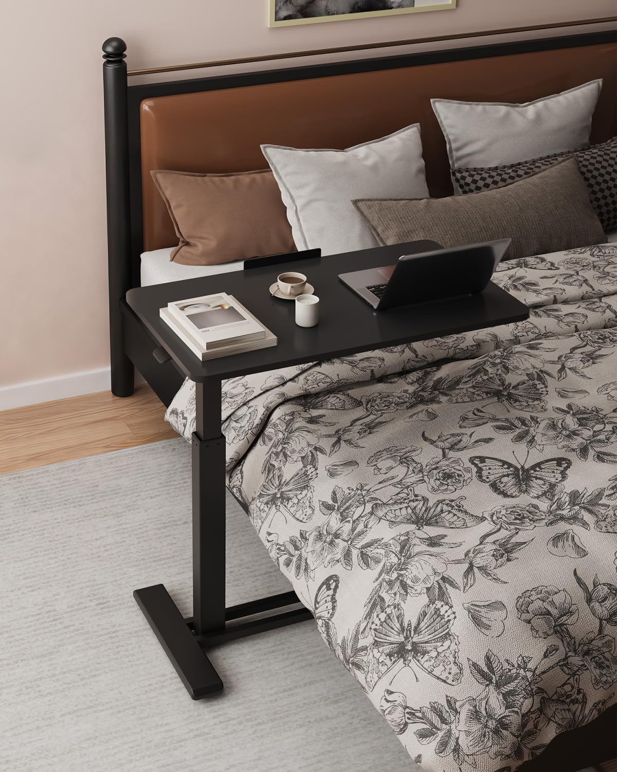 FLEXISPOT H7 PRO Mobile Standing Desk Adjustable Overbed Table Pneumatic with Wheels 55°Tiltable Portable Laptop Desk Rolling Computer Cart Foldable Bedside Table(27.6' W x 15.7' D, Black)