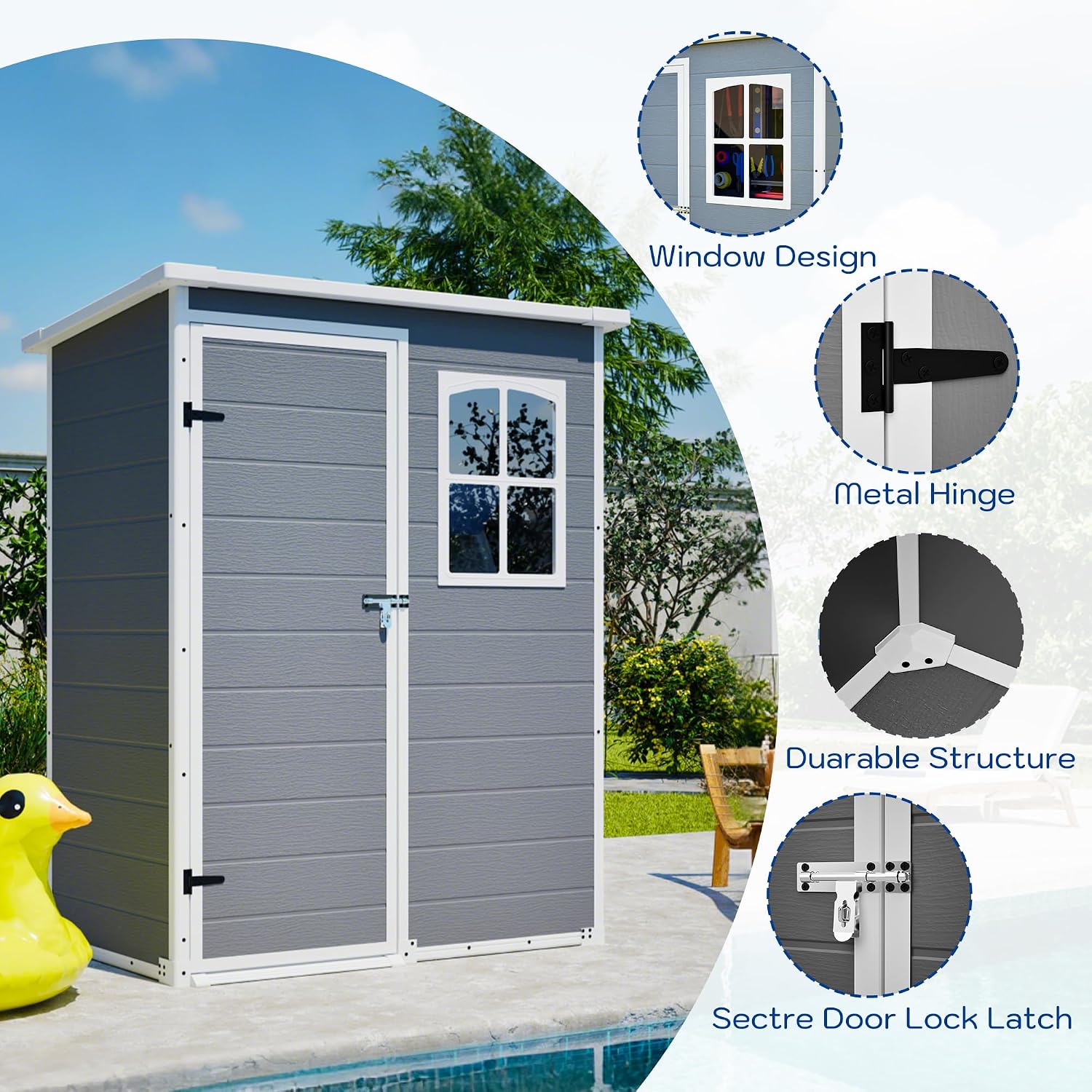 YOPTO 5x3ft Resin Outdoor Storage Shed Weather Resistant with Floor,Outdoor Resin Storage Shed W/Window,Garden Tool House W/Lockable Door,Pitched Roof & Drainage Holes,for Backyard,Patio,Lawn,Gray