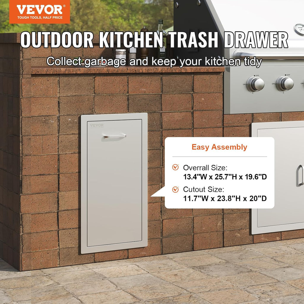 VEVOR Pull-Out Trash Drawer 13.4'W x 25.7'H x 19.6'D Lower Sliding Rails Steel Roll-Out Trash Bin Pull-Out Tray Outdoor Handled Kitchen Trash Drawer for BBQ Island Grill Station Trash Can NOT Included