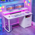 DWVO Office Desk with Drawers, 47' Computer Desk with Power Outlets & LED Light, Home Office Desk with Storage & Monitor Stand, White