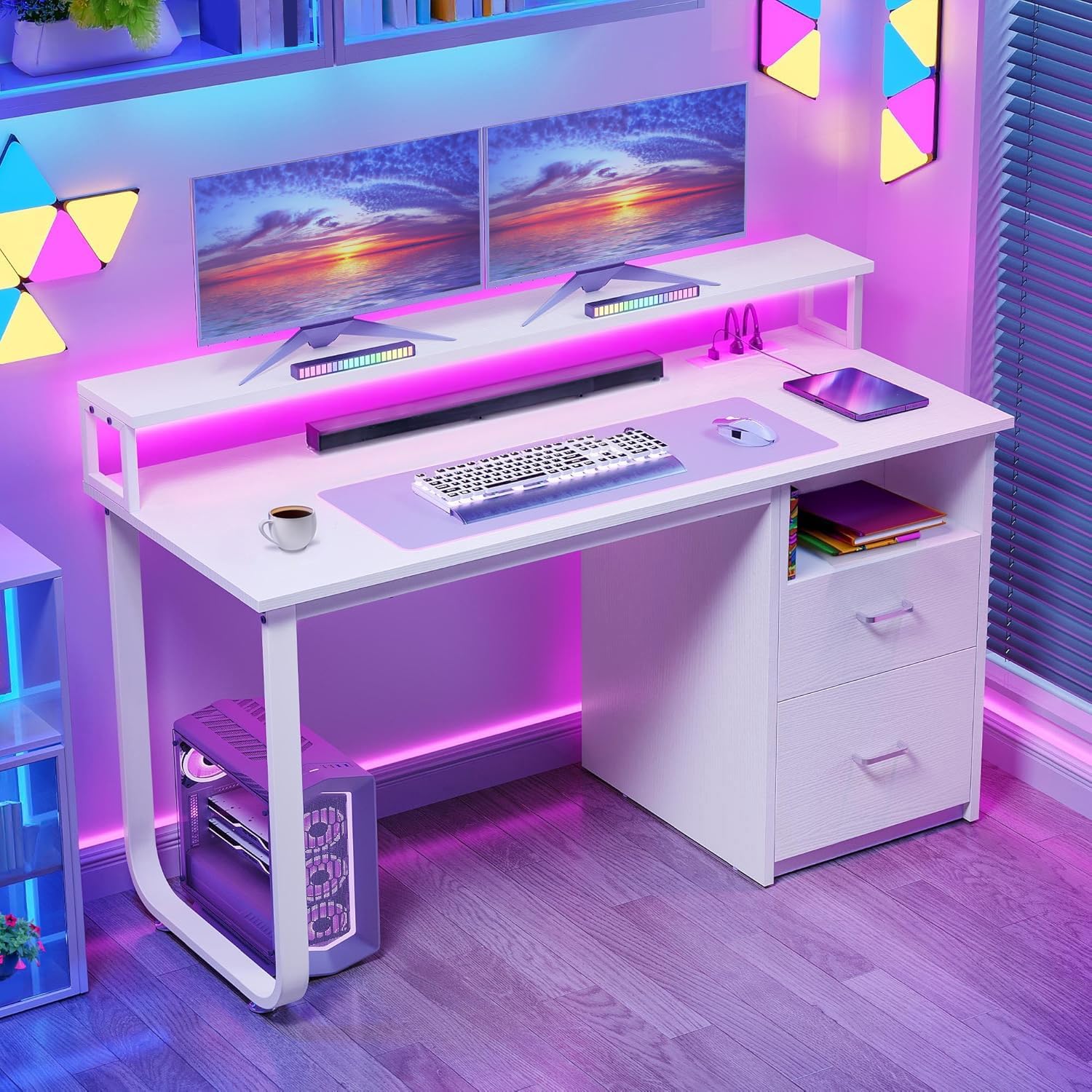 DWVO Office Desk with Drawers, 47' Computer Desk with Power Outlets & LED Light, Home Office Desk with Storage & Monitor Stand, White