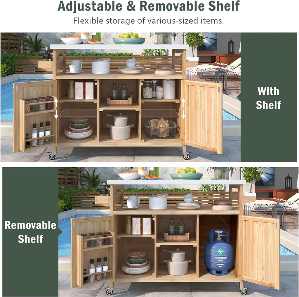 Merax 50' Outdoor Kitchen Grill Cart Island on Wheels with Stainless Steel Top,Farmhouse Style Solid Wood Frame Storage Cabinet for Patio
