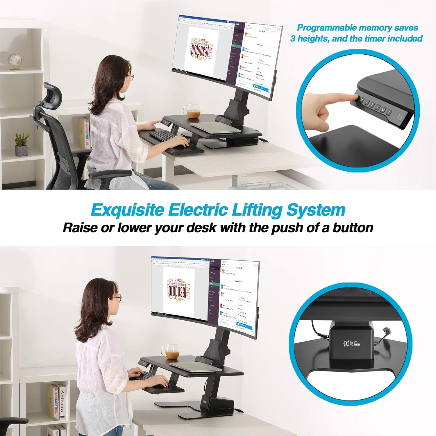 AVLT Electric Standing Desk Converter for Dual 32' Monitors, Motorized Sit to Stand Riser with 28'x16' Tabletop, Large Keyboard Tray, Height Adjustable, Sturdy Base, Small Footprint