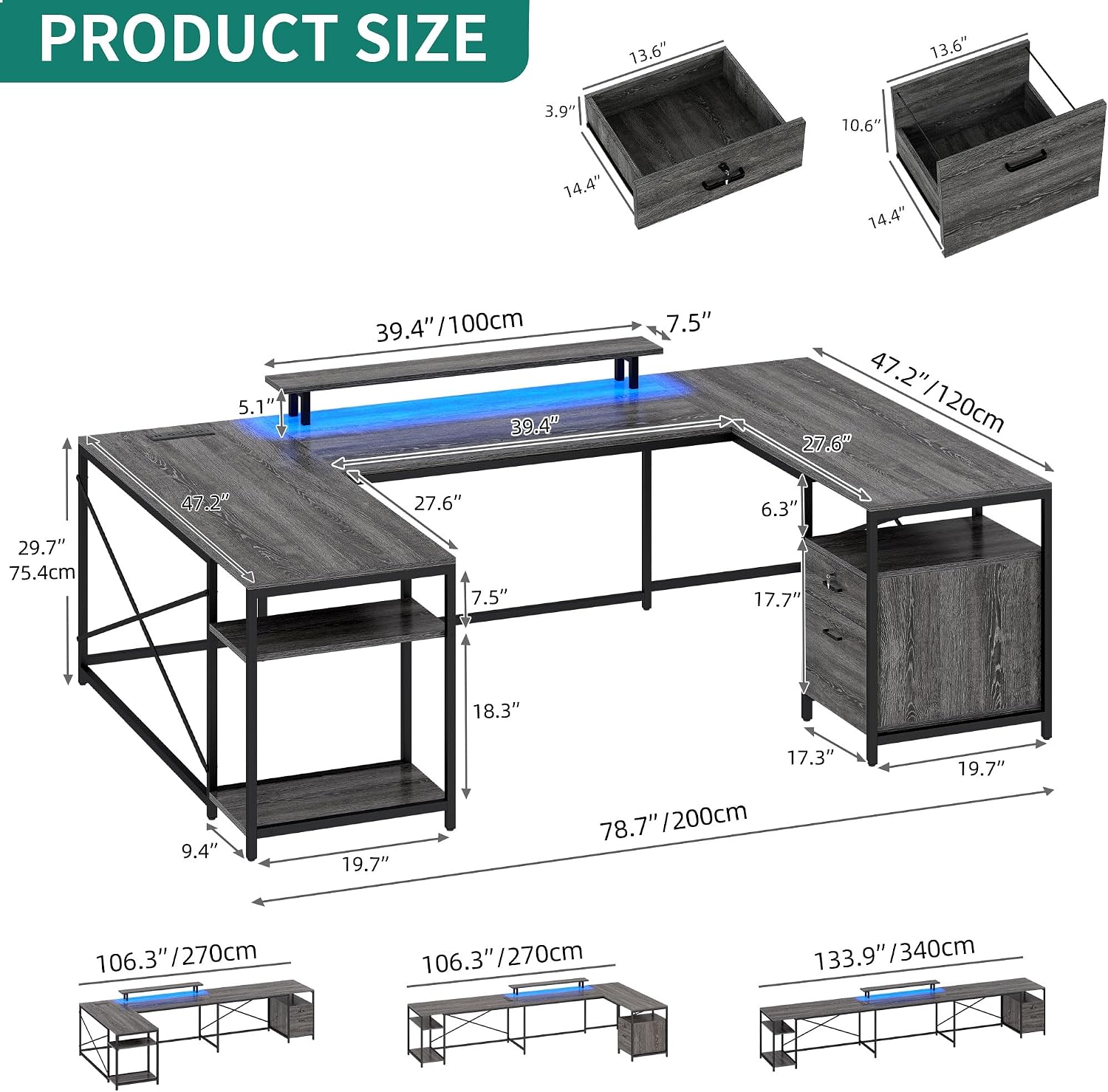 YITAHOME U Shaped Desk with Power Outlets & LED Lights, 79' Reversible L Shaped Desk with Drawers, Corner Computer Desk Office Desk with Monitor Stand & Storage Shelves, Grey
