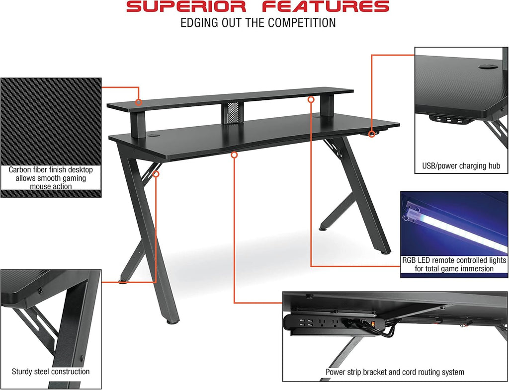 OSP Home Furnishings Area51 Battlestation Gaming Desk with Bluetooth RGB LED Lights, Matte Black