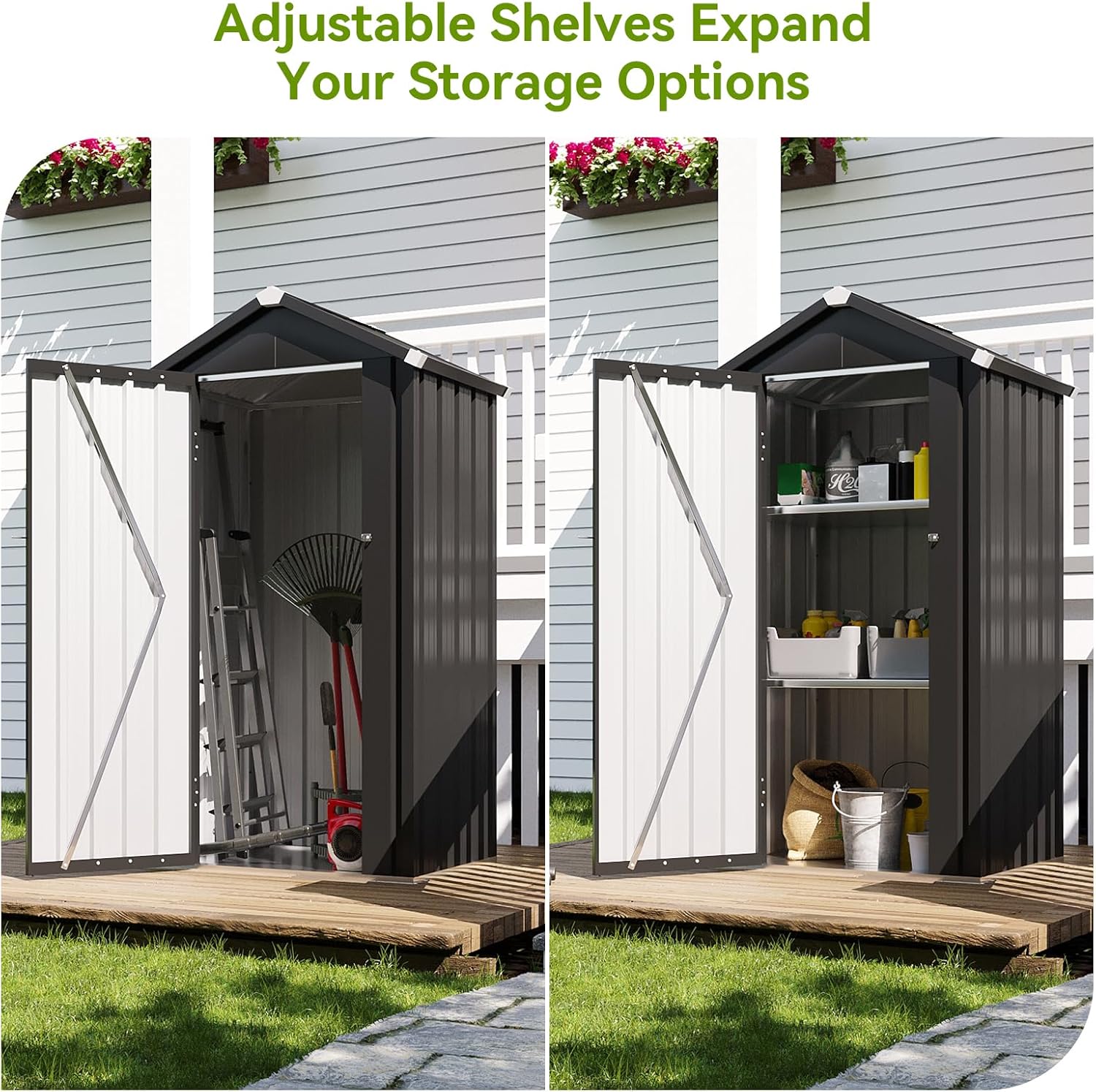 Aoxun Vertical Metal Tool Cabinet 2.5x2FT, 21 Cu.Ft Weatherproof Outdoor Storage Shed with Floor & Adjustable Shelves, Space-Saving Design for Garden, Garage, Patio
